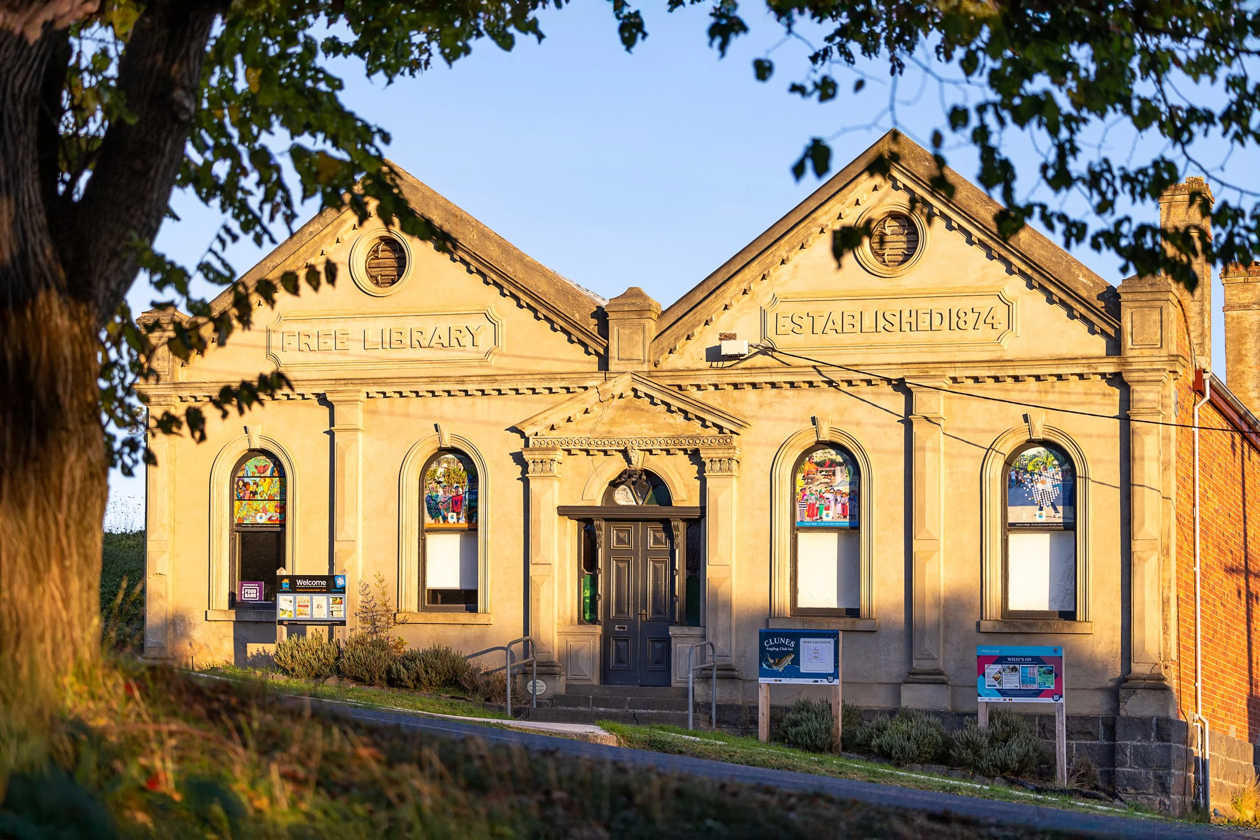 Historic Clunes Free Library photographed on Fraser Street in Clunes, Victoria.