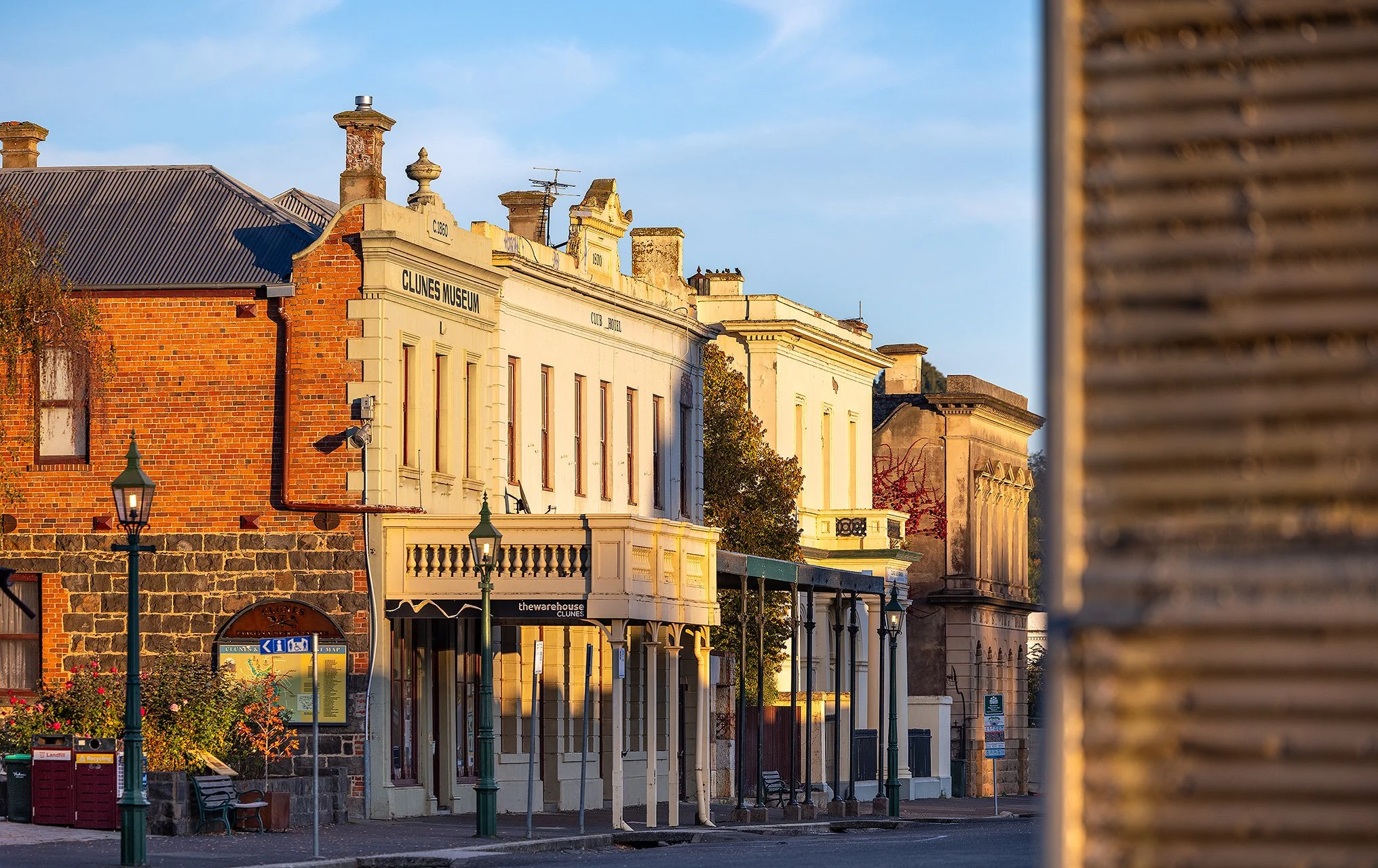 Historic Fraser Street in Clunes, Victoria, featuring one of Australia's best-preserved nineteenth-century gold rush streetscapes.