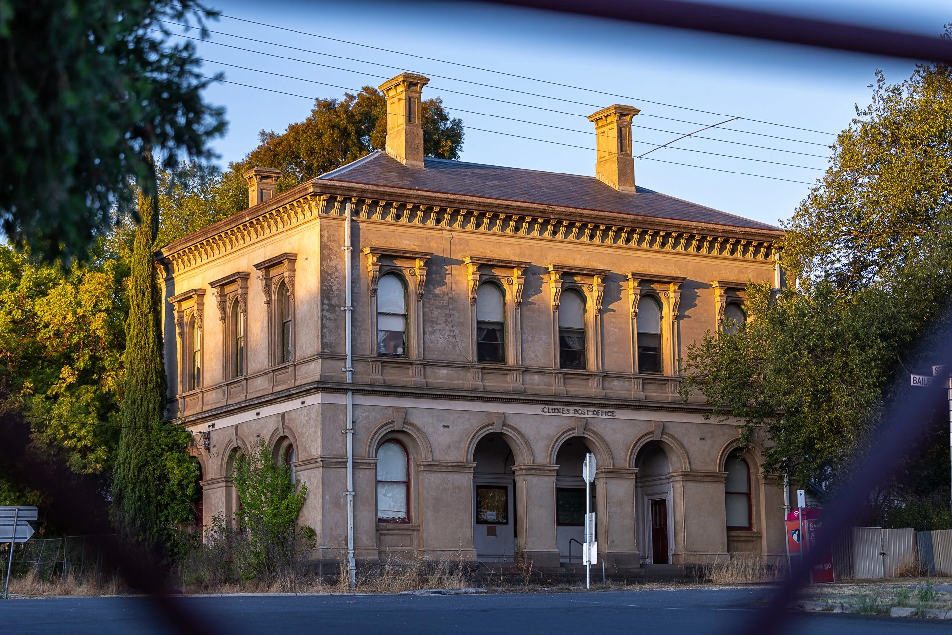Historic Clunes Post Office on Fraser Street photographed during golden hour in Clunes, Victoria.