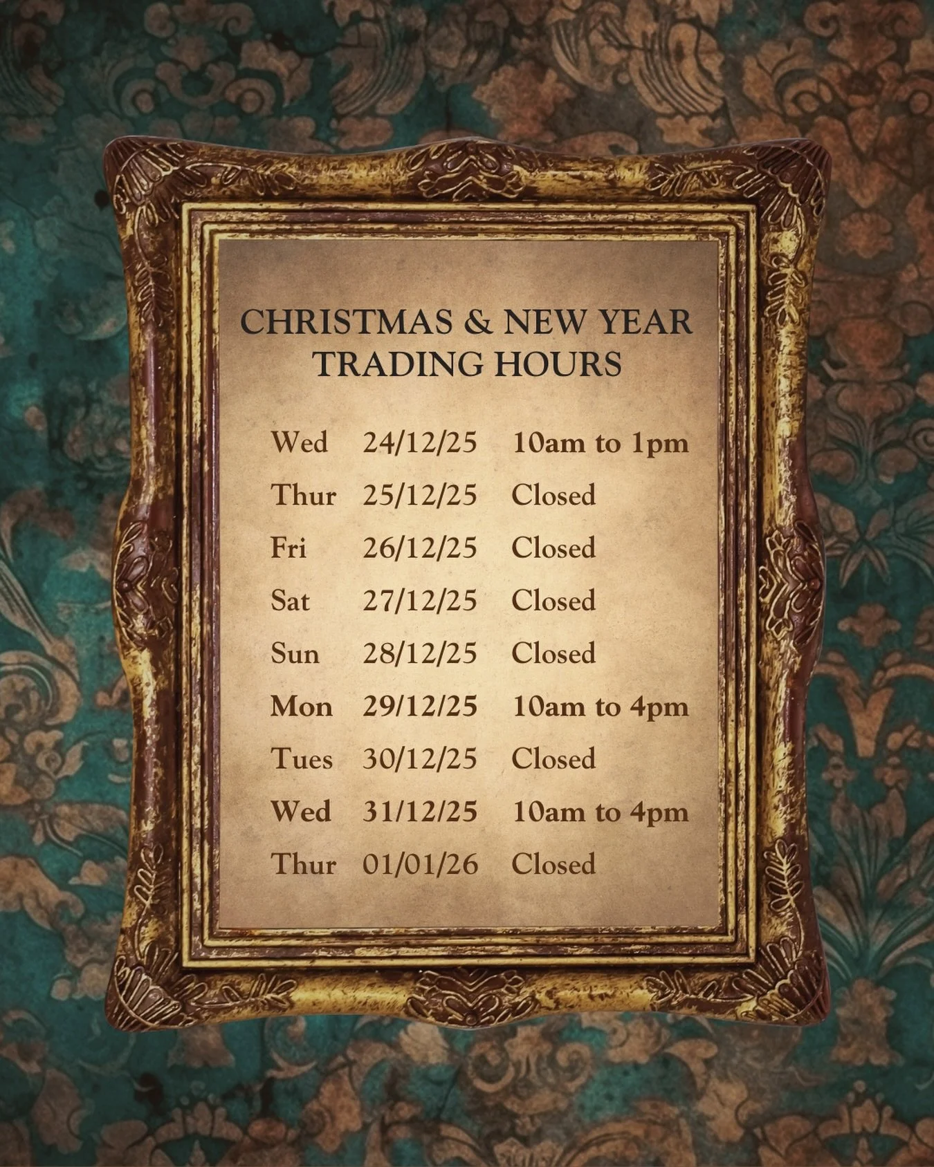 A quick note, friends&hellip;

It&rsquo;s been a full, busy year, and as much as we loooove being in our new emporium, it&rsquo;s time to take a short pause. 

Here are our Christmas / New Year trading hours:
&bull; Wednesday 24th - 10am to 1pm
&bull
