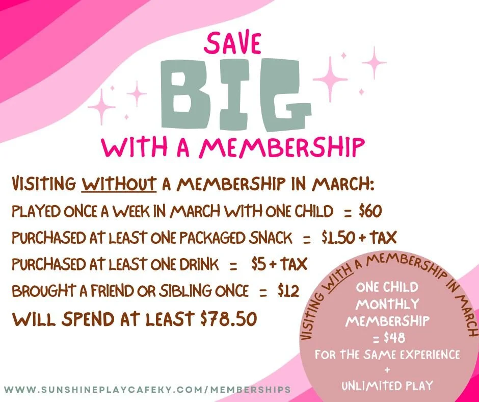 ✨🩷 SAVE BIG WITH A SUNSHINE PLAY CAFE MEMBERSHIP 🩷✨
www.sunshineplaycafeky.com/memberships

Save over $30 a month with a membership, when you plan to play once a week! 

PLUS all these monthly perks: 
☀free drink 
☀free packaged snack 
☀guest pass 