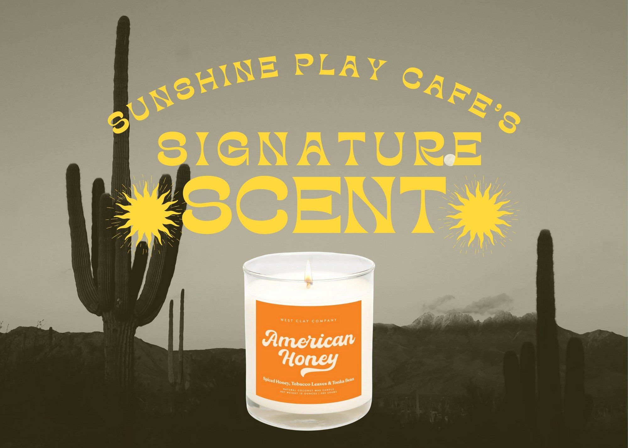 😍Love the smell of pure American Honey when you walk through the doors of Sunshine Play Cafe? 
🍯🌵☀️Grab your own West Clay Company American Honey candle in store at Sunshine Play Cafe for only $16! 
*Limited availability