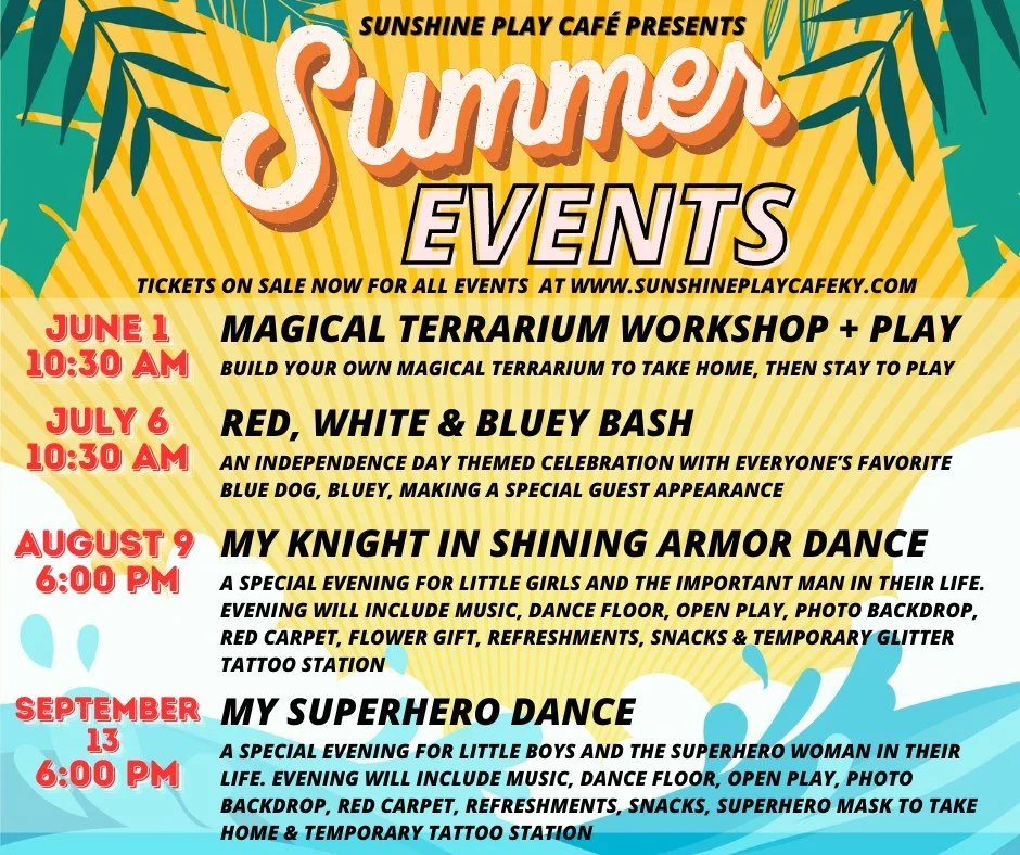 ✨🥳☀️ SUMMER EVENTS AT SUNSHINE PLAY CAF&Eacute; ☀️🥳✨
 
Check out this full line up of incredible events happening at Sunshine Play Caf&eacute; this summer! 😎
You will not want to miss out, reserve your spots! Tickets on sale now for all events.

?