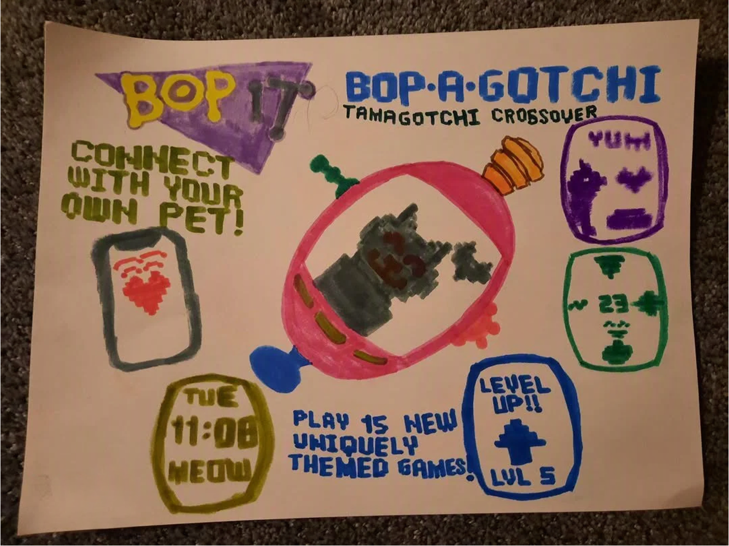 Bop It Tamagotchi crossover drawing.