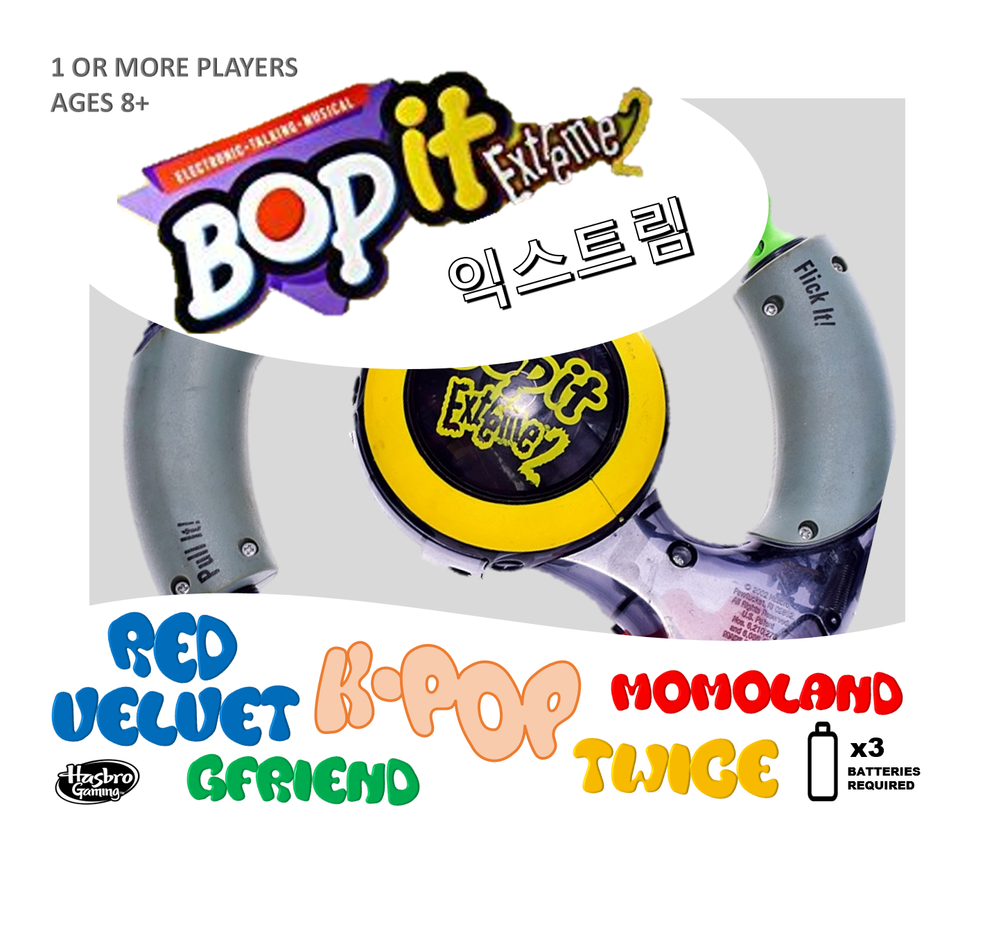 A concept box design for a Bop It Extreme 2 with K-Pop music featured instead of the 4 music types from the original.