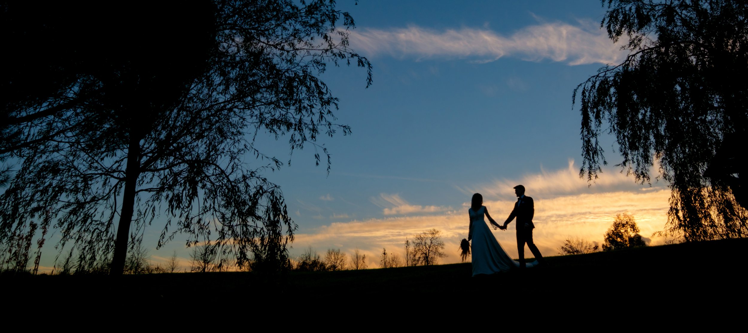 Silhouetted couple holding hands at sunset, surrounded by trees, with a colorful sky and clouds in the background.