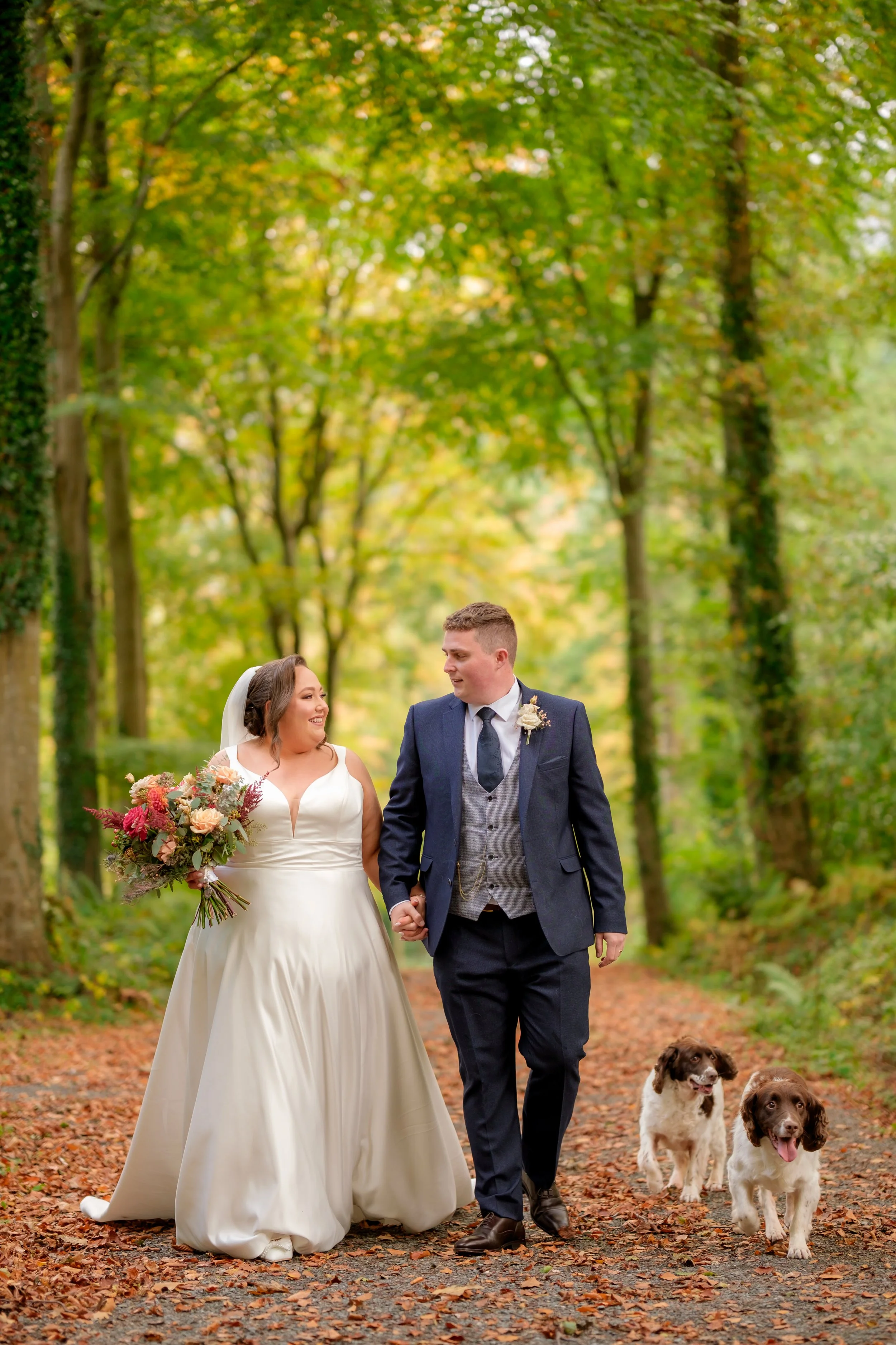 A newlywed couple walking hand in hand through a wooded path. The bride is in a white dress holding a bouquet, and the groom in a dark suit. Two dogs walk alongside them.
