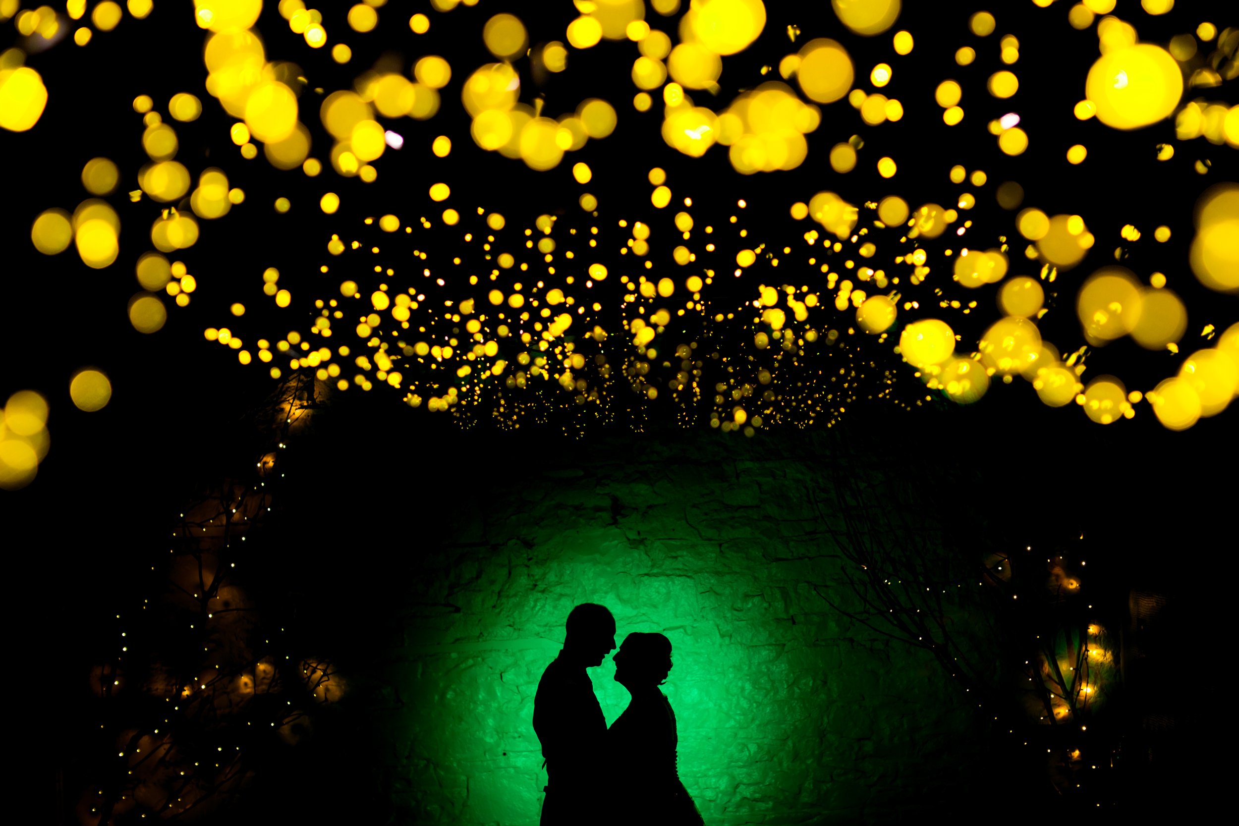 Silhouette of a couple standing close together beneath string lights and a green-lit brick wall.