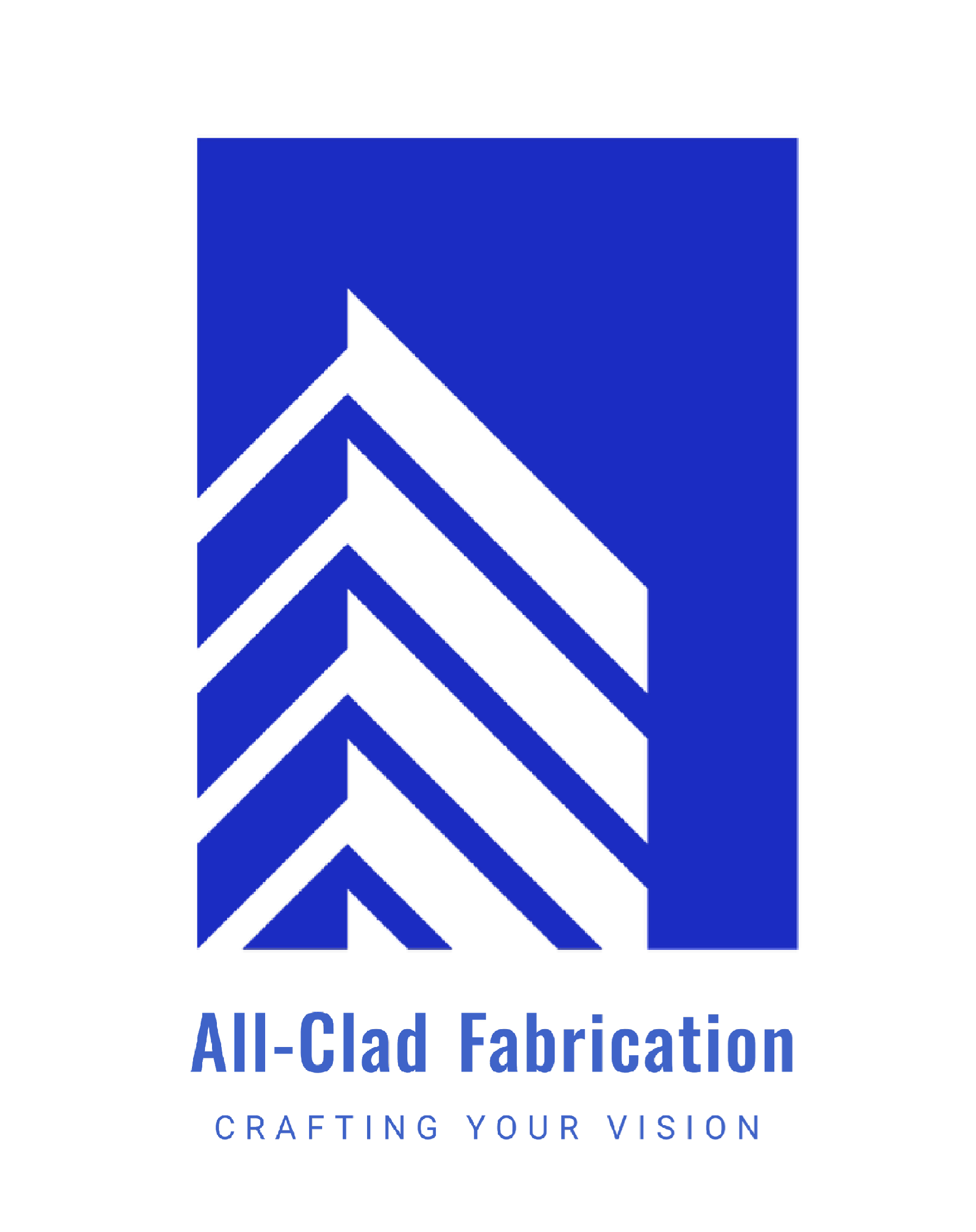 Logo for All-Clad Fabrication, featuring black and blue arrow-like shapes pointing upward on a blue background, with the tagline 'Crafting Your Vision' underneath.