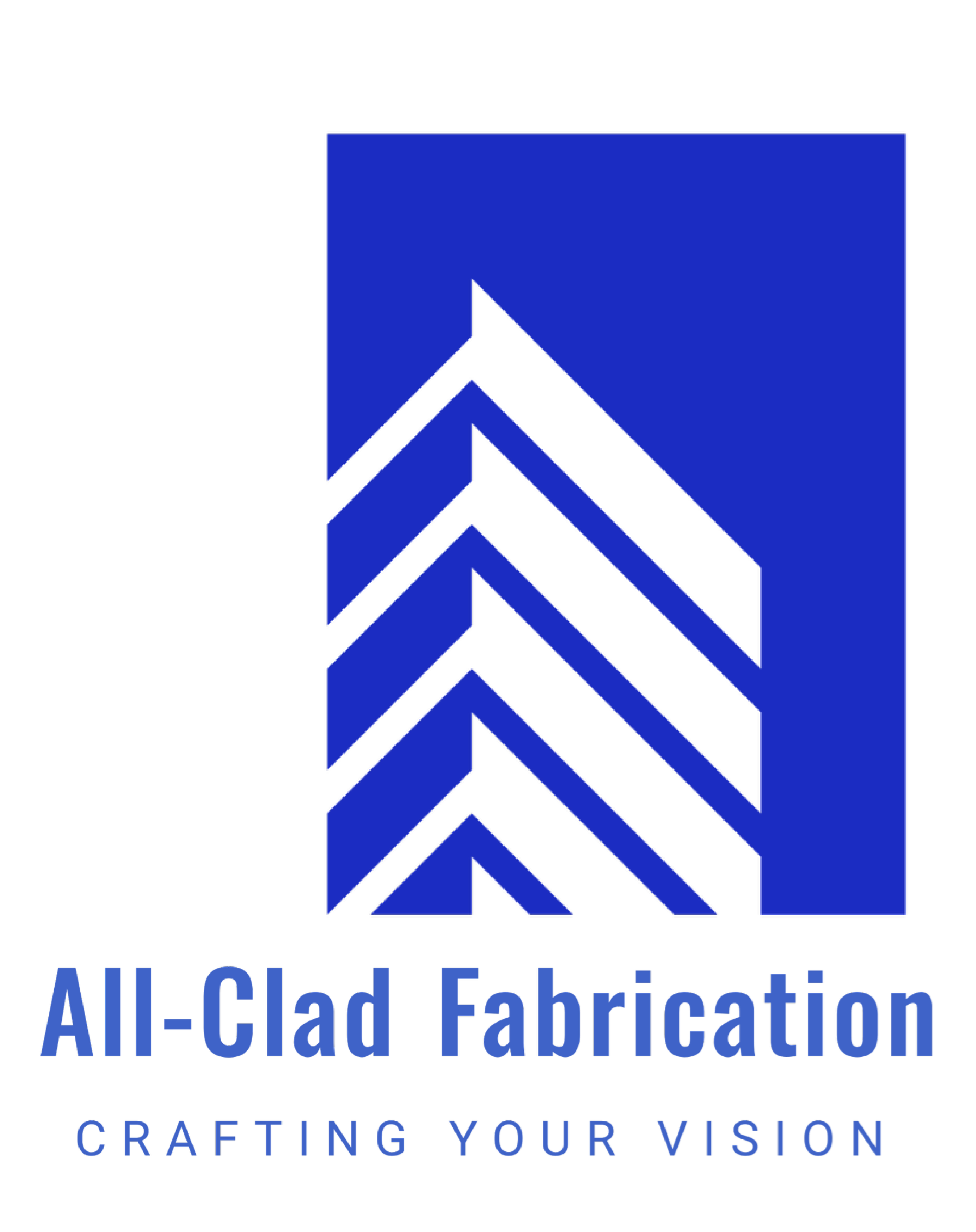Logo for All-Clad Fabrication featuring a stylized geometric building design in blue and black with the text 'All-Clad Fabrication' and the slogan 'Crafting Your Vision'.