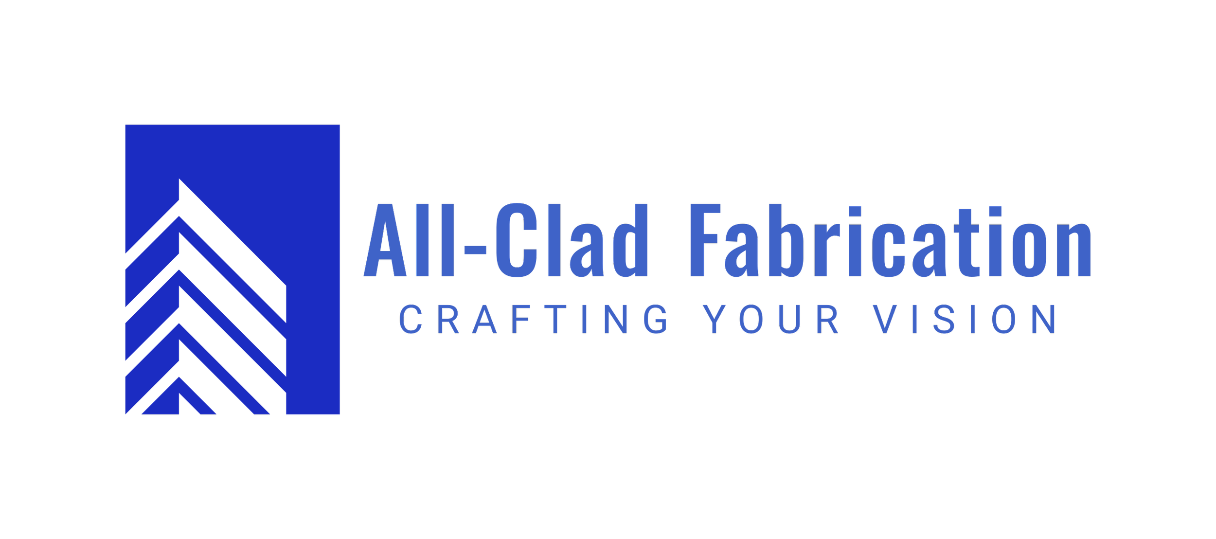 Logo for All-Clad Fabrication with a graphic of layered geometric shapes resembling a stylized arrow or mountain, in blue, and the words "All-Clad Fabrication" and the tagline "Crafting Your Vision" in blue text.