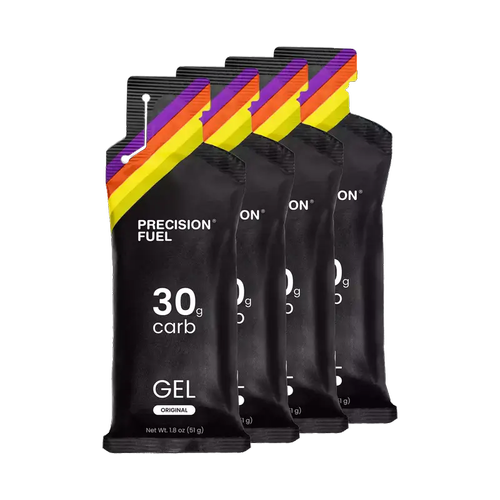 Four black packages of PF Precision Fuel gel with 30 grams of carbs each, displayed in a row with rainbow-colored tabs at the top.