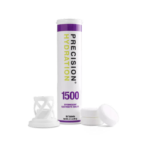Container of Precision Hydration effervescent electrolyte tablets with some tablets outside container.