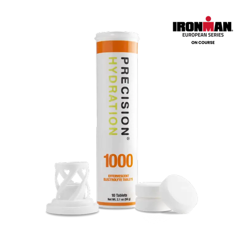 Tube of Precitation Hydration 1000 effervescent electrolyte tablets, with some individual tablets and a tablet disperser.