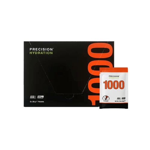 Black box labeled 'Precision Hydration', next to a packet labeled '1000' in large orange font