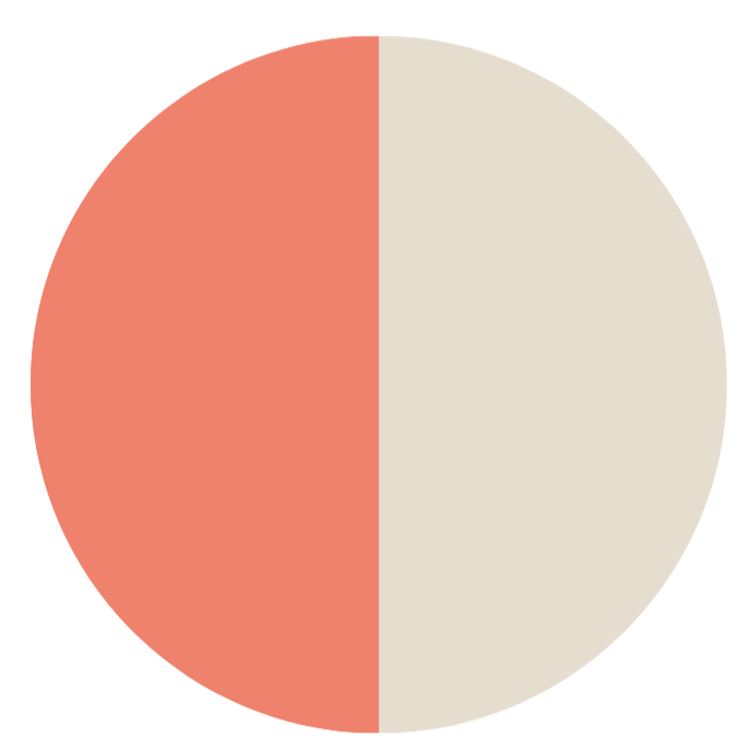 A pie chart divided into two equal halves with one side colored light gray and the other side colored salmon.