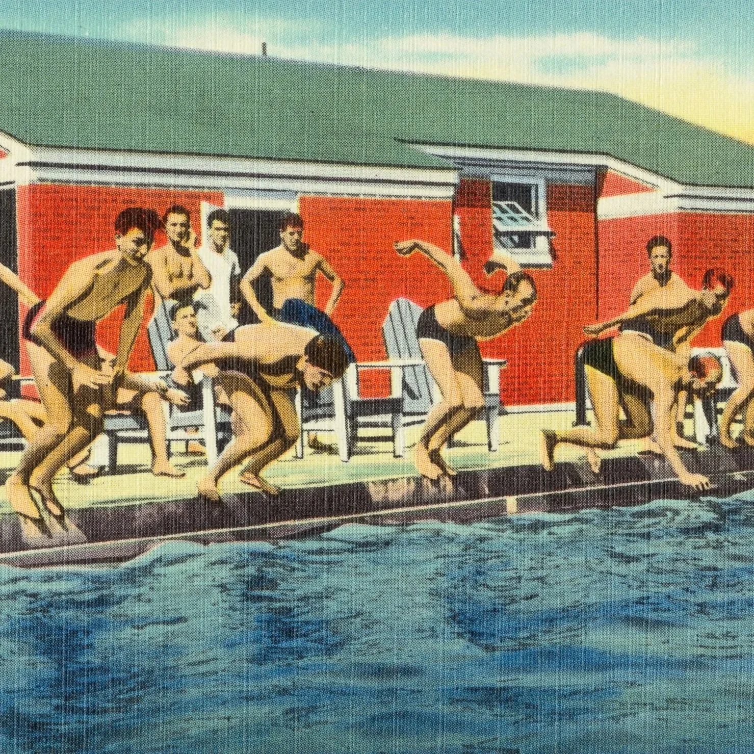A vintage illustration of young men in swimsuits diving into a swimming pool from the poolside, with some sitting on the edge and others standing. A red building with a green roof is visible in the background.