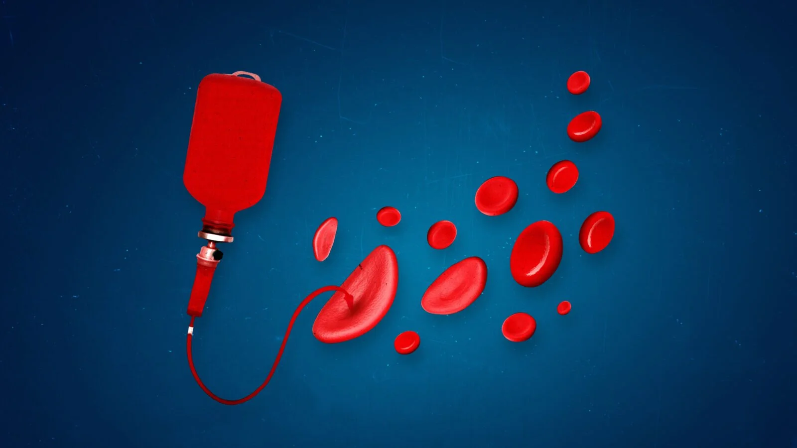 Illustration of a blood bag connected to red blood cells on a blue background.
