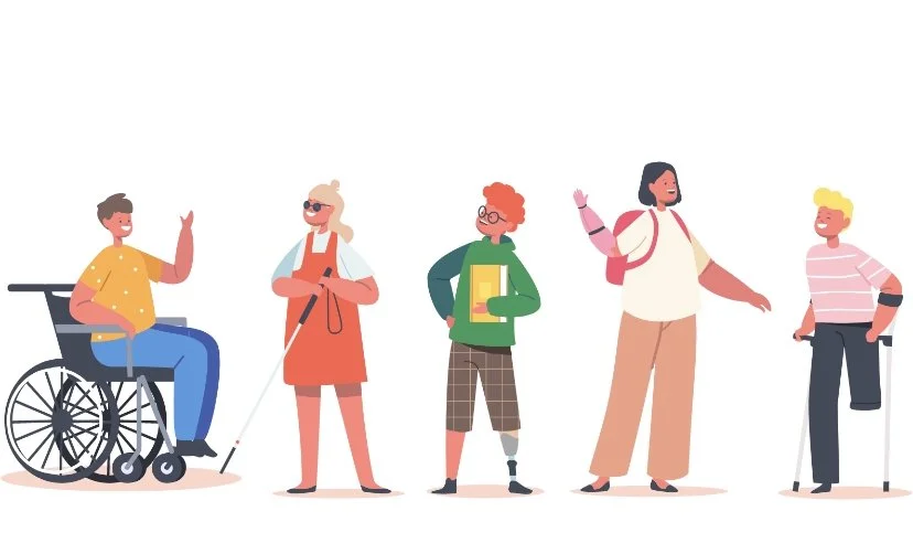 Illustration of diverse group of people with disabilities, including a person in a wheelchair, a visually impaired person with a cane, a person with a prosthetic leg, a person with a prosthetic arm, and a person using crutches, all interacting.
