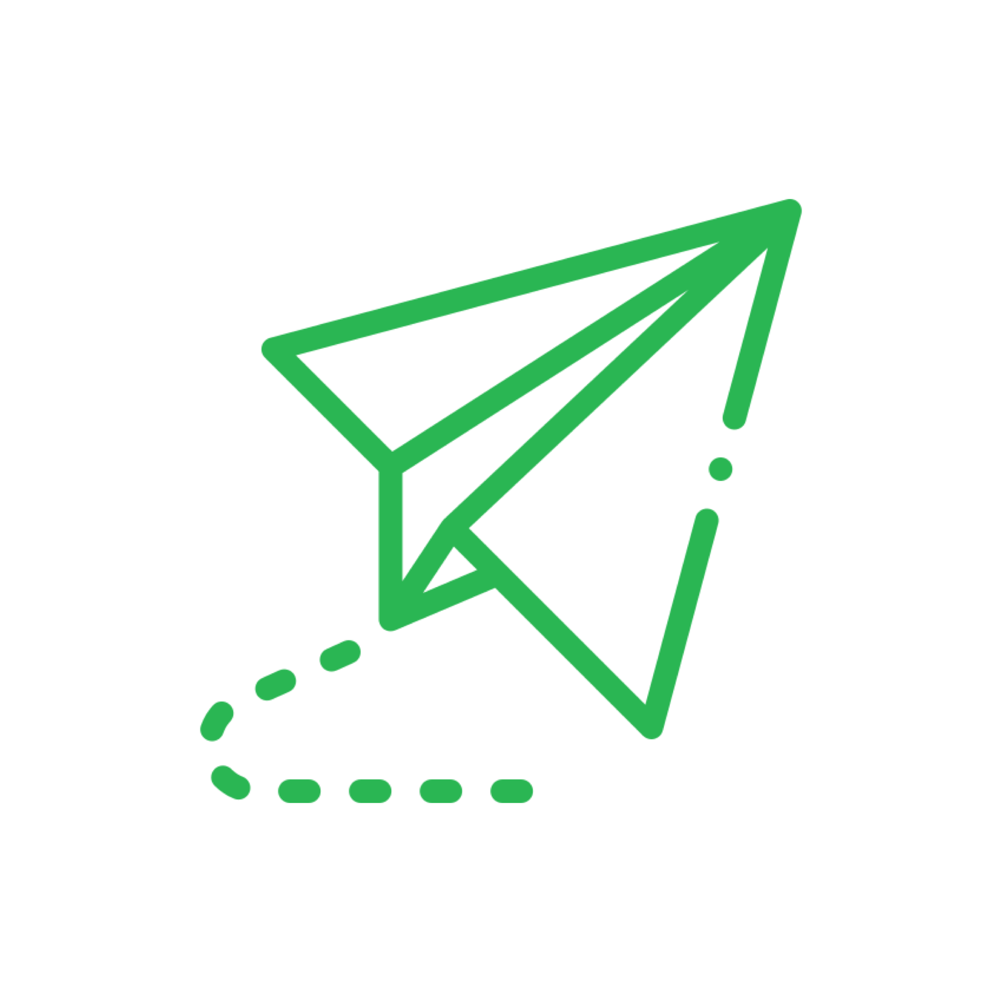 Green paper airplane icon on a white background with dotted line trail