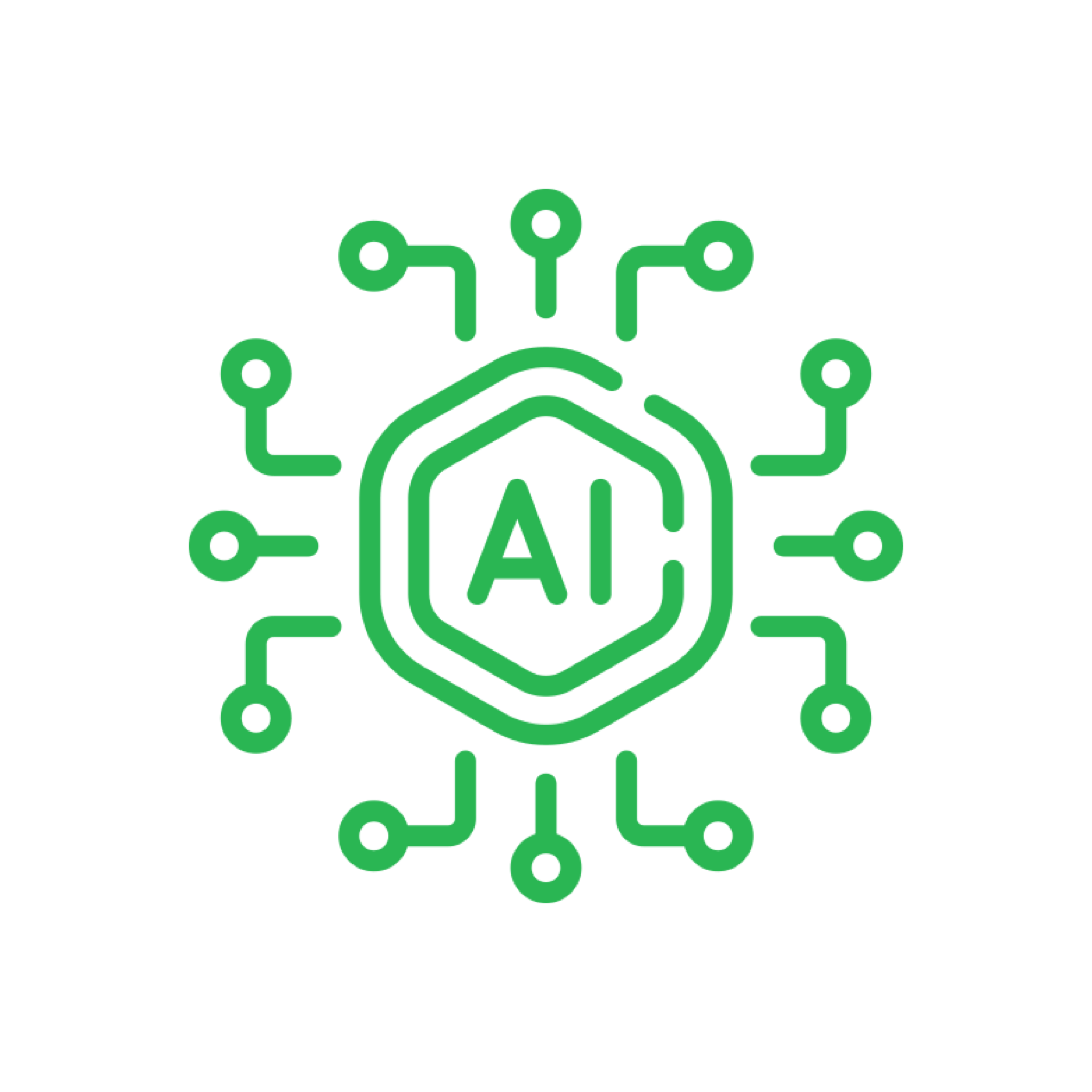 AI circuit board icon, green lines on white background