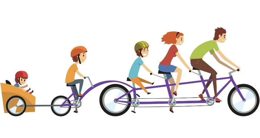 Illustration of a family riding a tandem bicycle with four seats and a child in a bike trailer.