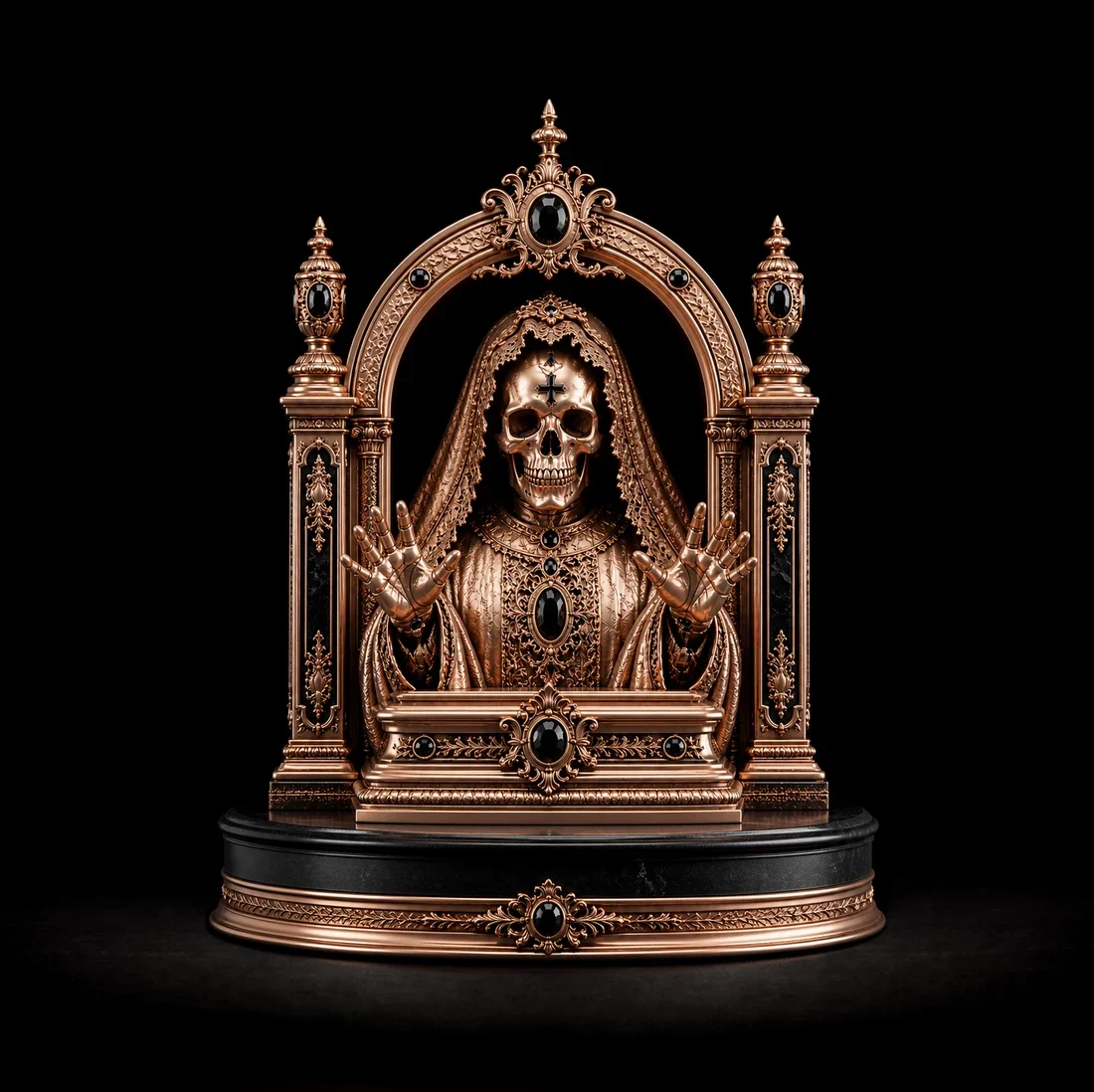  The Veiled Reliquary  
 Overall: 28cm&nbsp; Base: 9cm&nbsp; Object: 19cm   
 18k rose gold with black gemstones, hand-carved and stone-set  
 open edition &emsp; Inquire 