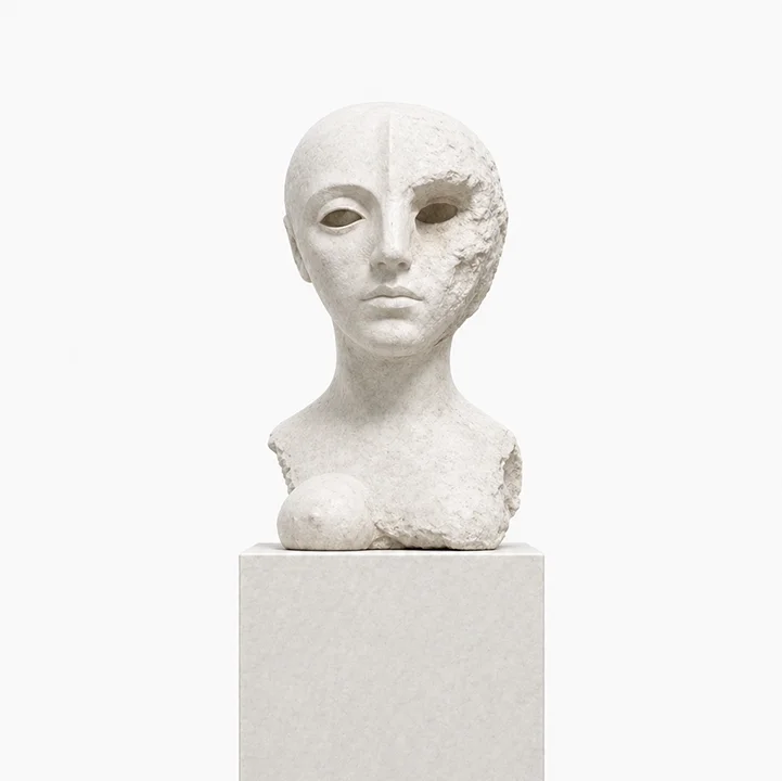  The Recovered Head  
 Overall: 70”&nbsp; Base: 40”&nbsp; Bust: 30”   
 Hand-carved white marble, polished natural finish  
 open edition &emsp; Inquire 