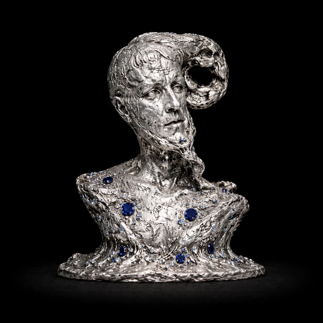  The Transfigured Bust  
 Overall: 24cm&nbsp; Base: 4cm&nbsp; Object: 20cm   
 Platinum, lab-grown gemstones, carved, precision set  
 open edition &emsp; Inquire 
