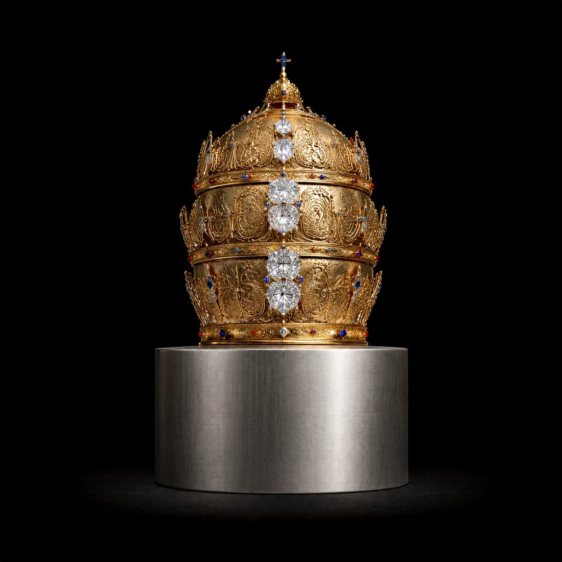  The Imperial Reliquary  
 Overall: 22cm&nbsp; Base: 6cm&nbsp; Object: 16cm   
 18k gold, lab-grown gemstones, carved, precision set  
 open edition &emsp; Inquire 