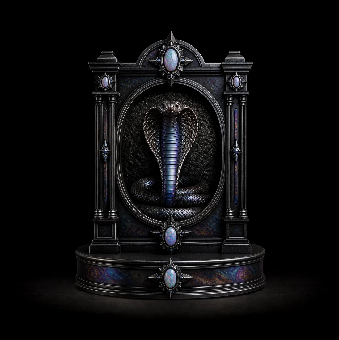  The Ophidian Axis  
 Overall: 34cm&nbsp; Base: 11cm&nbsp; Object: 23cm   
 Blackened titanium with opalescent inlays  
 open edition &emsp; Inquire 