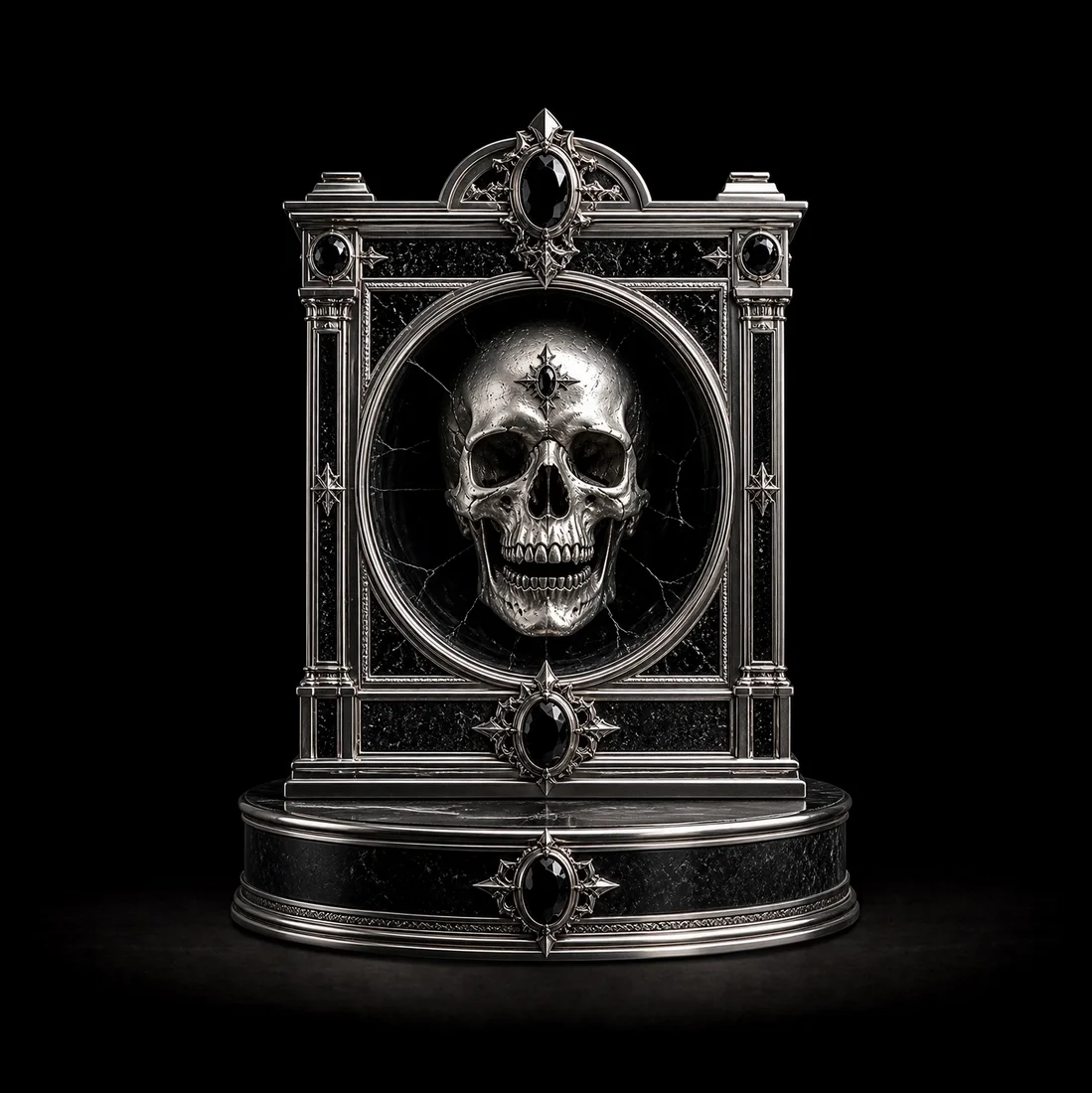  The Mortis Reliquary  
 Overall: 30cm&nbsp; Base: 9cm&nbsp; Object: 21cm   
 Platinum with black gemstones, hand-carved and stone-set  
 open edition &emsp; Inquire 