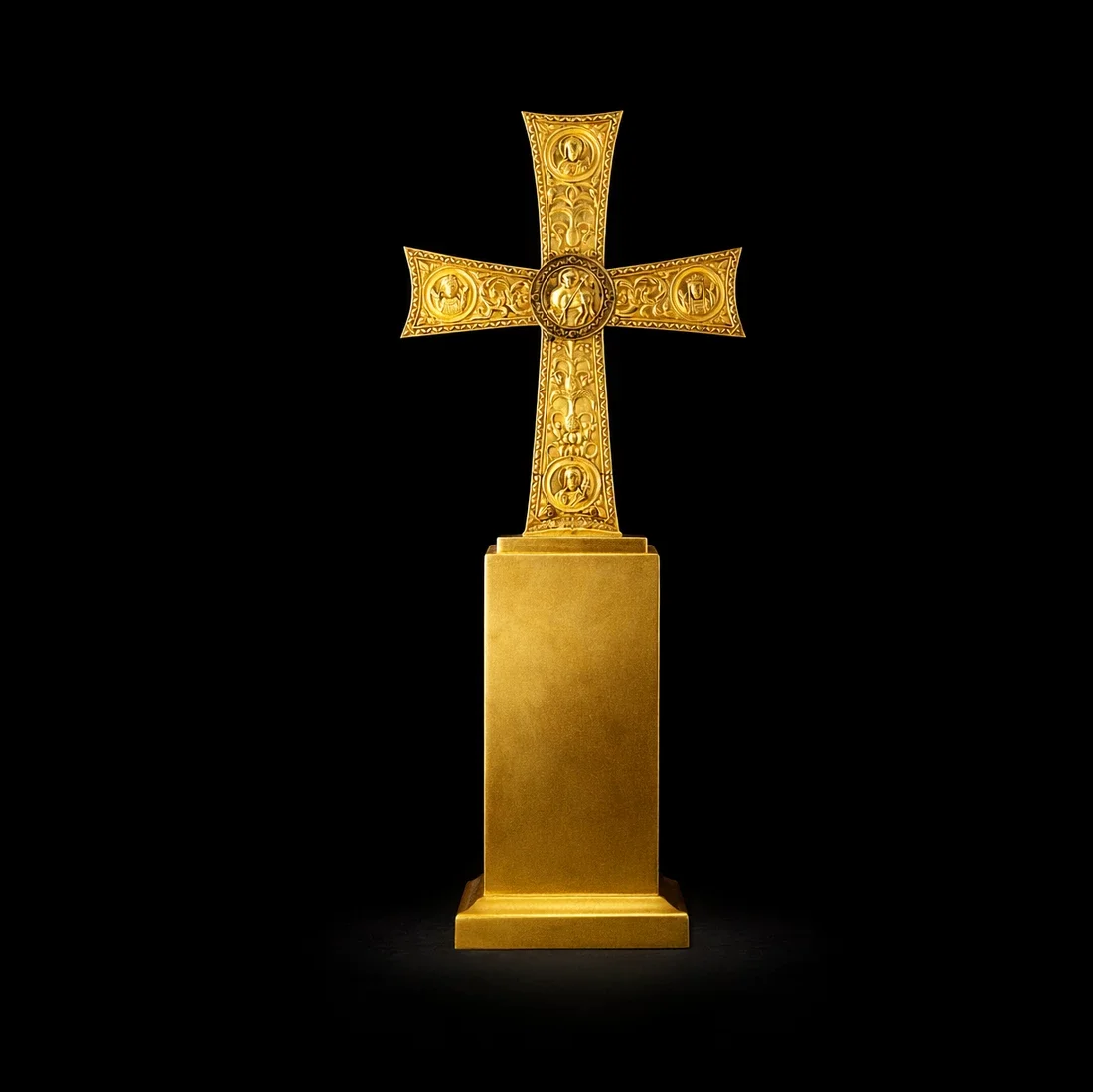  The Reliquary Cross  
 Overall: 32cm&nbsp; Base: 6cm&nbsp; Object: 26cm   
 18k gold, lab-grown gemstones, carved, precision set  
 open edition &emsp; Inquire 