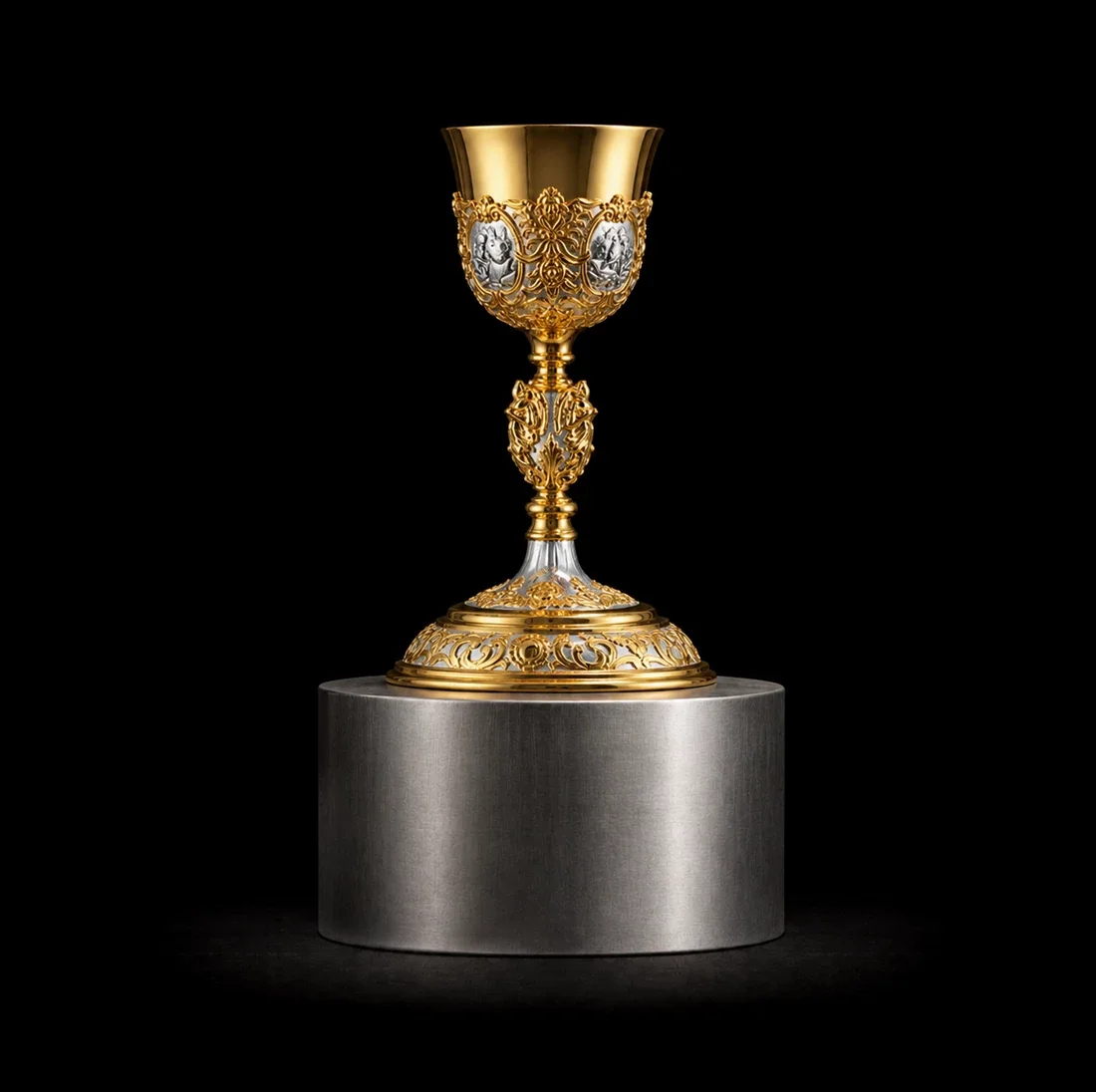  The Imperial Chalice  
 Overall: 22cm&nbsp; Base: 6cm&nbsp; Object: 16cm   
 18k gold, lab-grown gemstones, carved, precision set  
 open edition &emsp; Inquire 