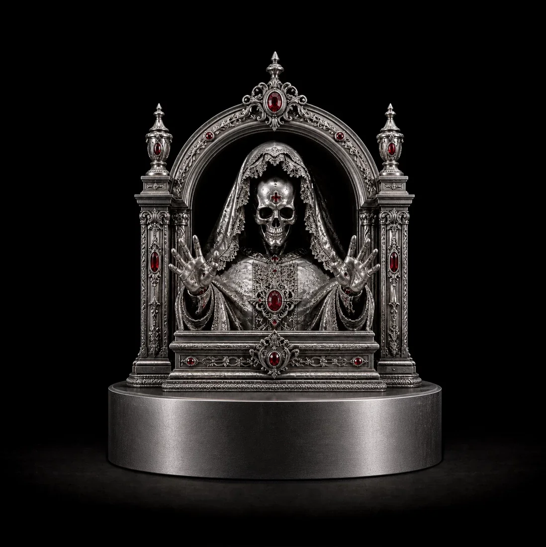 The Reliquary Sentinel  
 Overall: 30cm&nbsp; Base: 8cm&nbsp; Object: 22cm   
 Platinum with red gemstones, hand-carved and stone-set  
 open edition &emsp; Inquire 