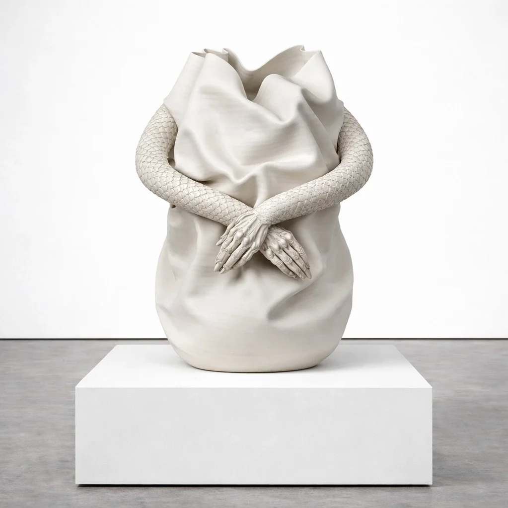  White Reliquary  
 reinforced plaster composite with mineral finish   
 60 x 31 x 24  inches (including base), 2026  
 open edition &emsp; Inquire 
