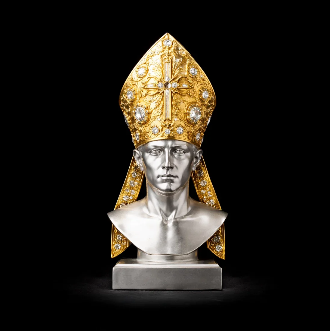  The Mitred Bust  
 Overall: 30cm&nbsp; Base: 5cm&nbsp; Object: 25cm   
 Platinum bust, 18k gold gem-set mitre  
 open edition &emsp; Inquire 