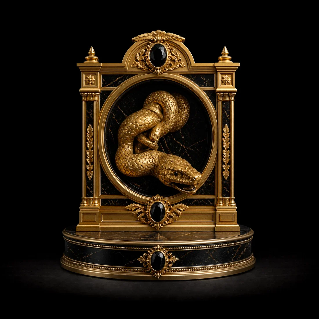  The Serpent Reliquary  
 Overall: 32cm&nbsp; Base: 10cm&nbsp; Object: 22cm   
 18k yellow gold, black gemstones, carved, precision set  
 open edition &emsp; Inquire 