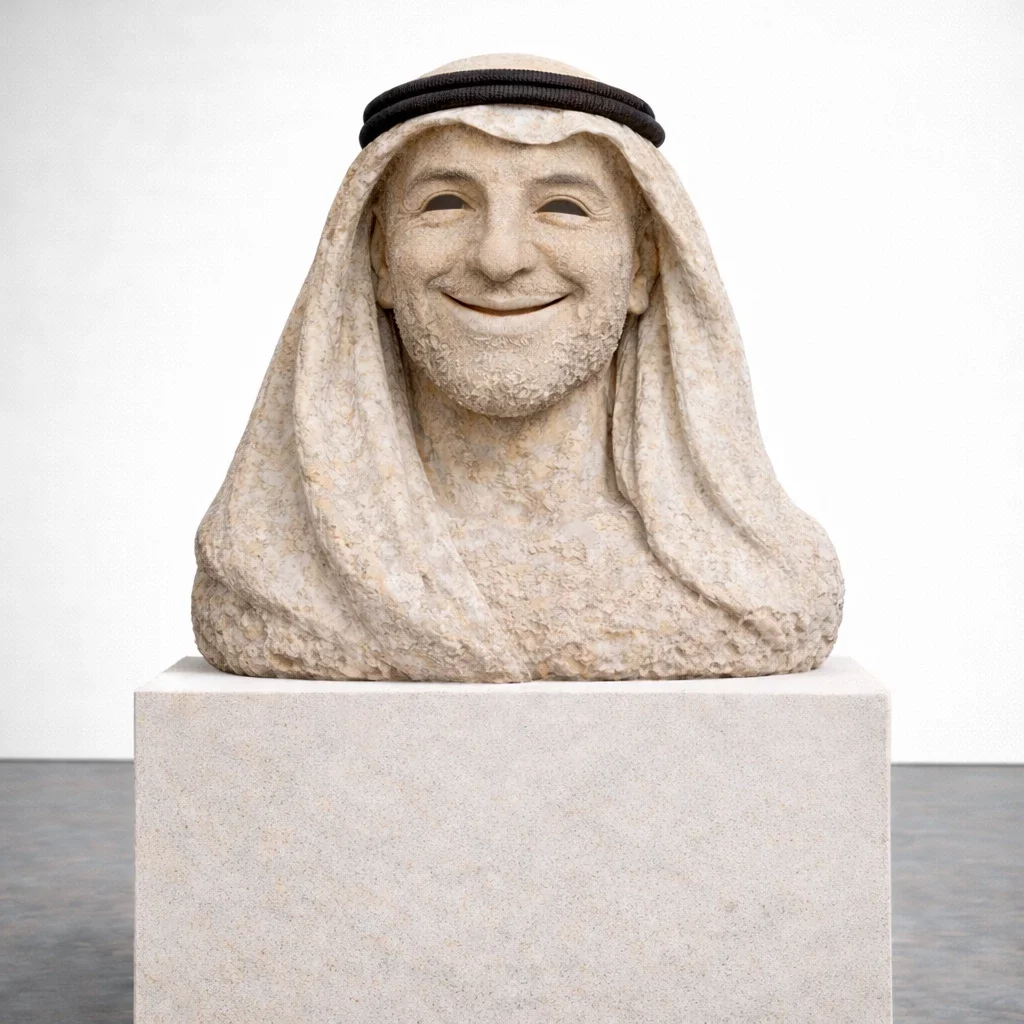  The Smiling Oracle  
 cast mineral composite with natural textured finish   
 96 x 60 x 44  inches (including base), 2026  
 open edition &emsp; Inquire 
