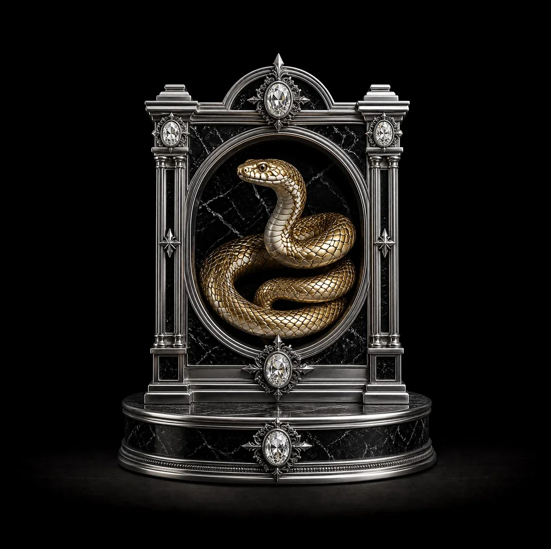  The Serpens Imperium  
 Overall: 34cm&nbsp; Base: 11cm&nbsp; Object: 23cm   
 Platinum, gold serpent, white gemstones  
 open edition &emsp; Inquire 