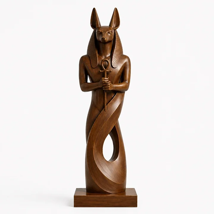  Threshold Guardian  
 Overall: 75”&nbsp; Base: 10”&nbsp; Figure: 65”   
 Polished cast bronze, hand-painted wood-grain finish  
 open edition &emsp; Inquire 