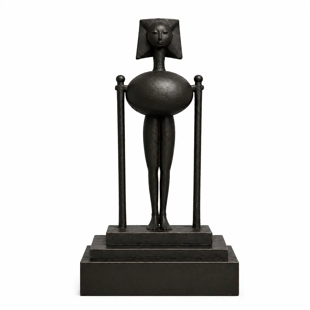  The Weigher  
 Overall: 75”&nbsp; Base: 15”&nbsp; Figure: 60”   
 Patinated bronze, hand-finished surface  
 open edition &emsp; Inquire 