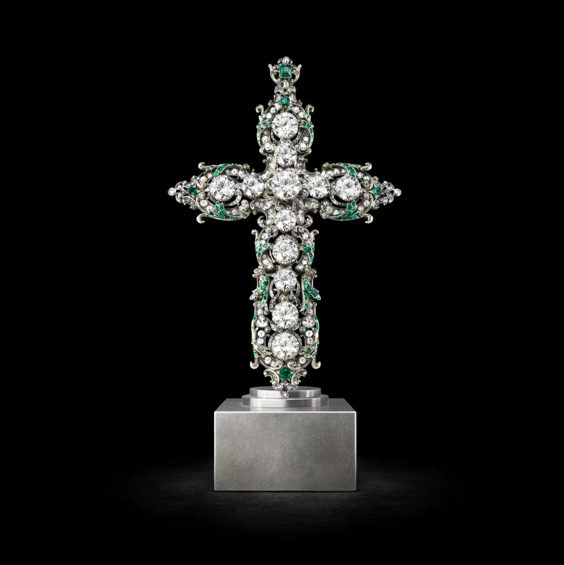  The Jewelled Cross  
 Overall: 28cm&nbsp; Base: 5cm&nbsp; Object: 23cm   
 Platinum, lab-grown gemstones, carved, precision set  
 open edition &emsp; Inquire 