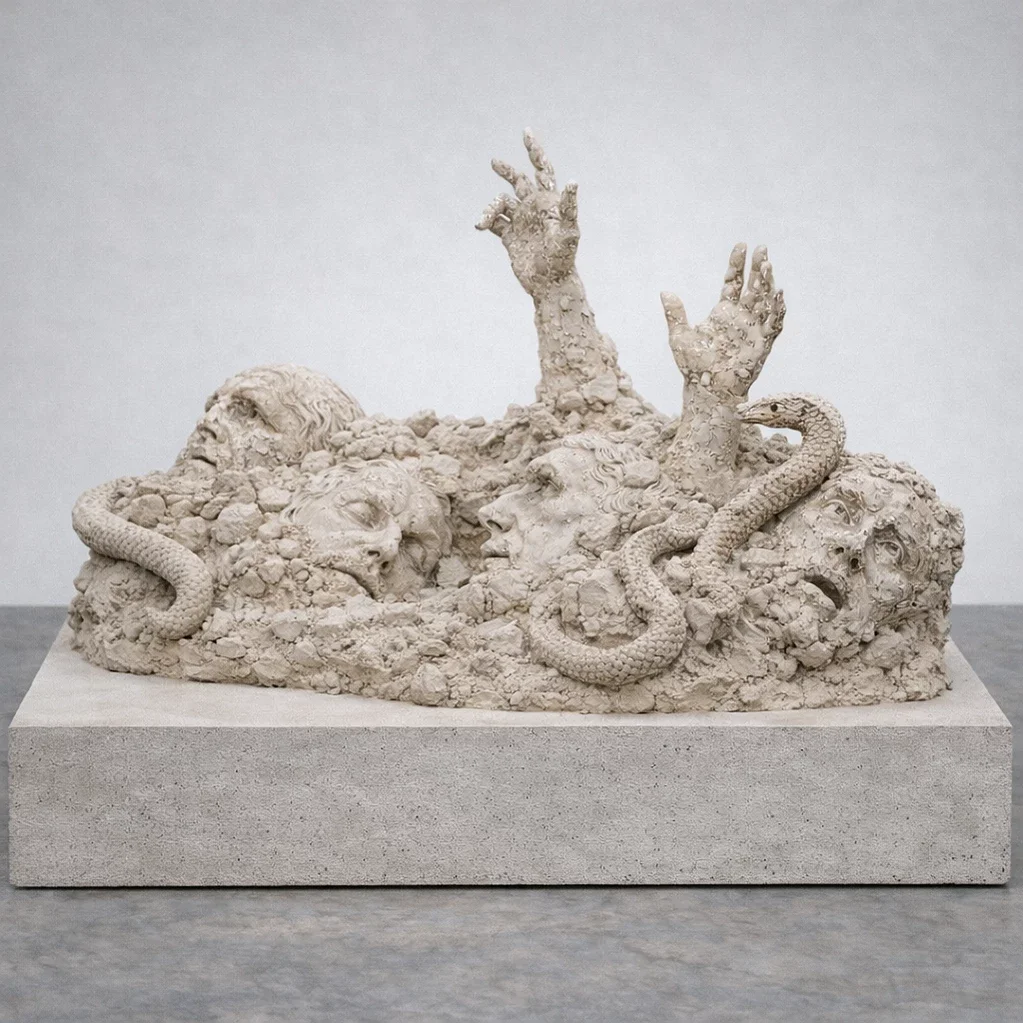  The Buried Assembly  
 cast mineral composite with natural textured finish   
 47 x 35 x 30  inches (including base), 2026  
 open edition &emsp; Inquire 
