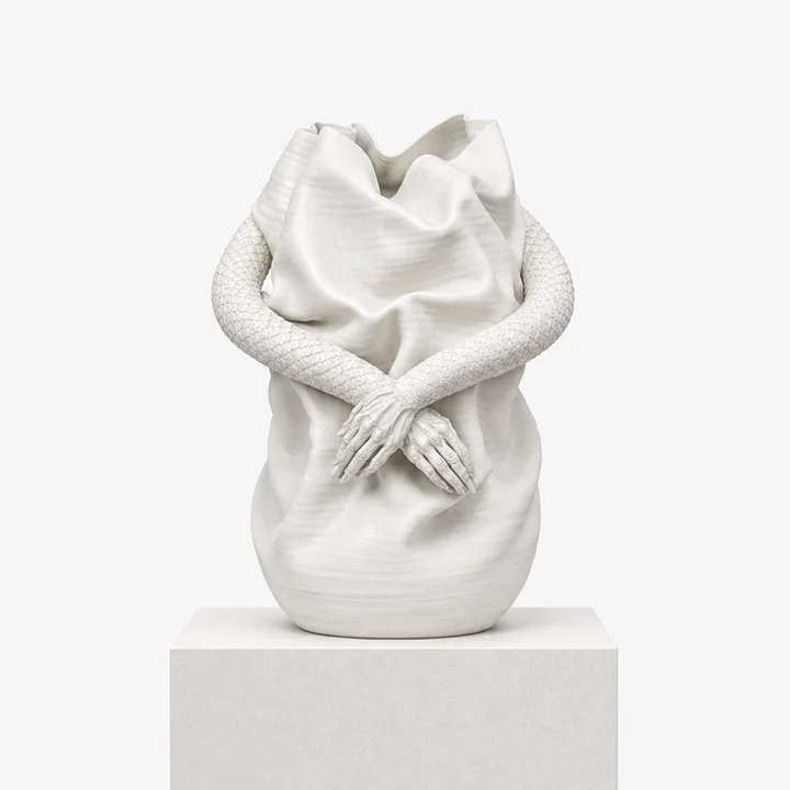  White Reliquary  
 Overall: 70”&nbsp; Base: 36”&nbsp; Bust: 34”   
 Hand-carved white marble, polished natural finish  
 open edition &emsp; Inquire 