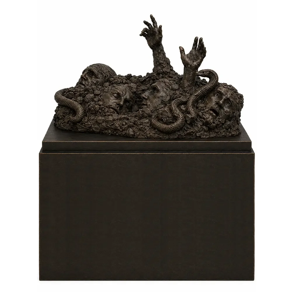  The Buried Assembly  
 Overall: 65”&nbsp; Base: 40”&nbsp; Heads: 25”   
 Patinated bronze, hand-finished surface  
 open edition &emsp; Inquire 