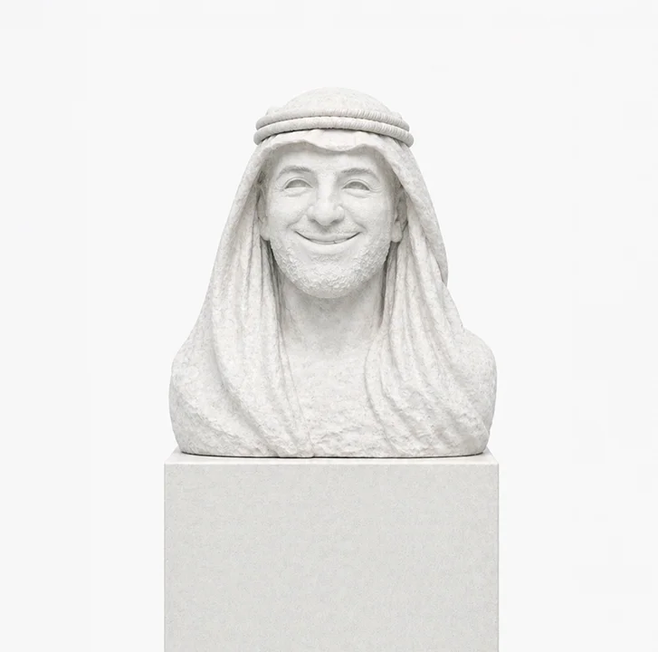  The Smiling Oracle  
 Overall: 70”&nbsp; Base: 40”&nbsp; Bust: 30”   
 Hand-carved white marble, polished natural finish  
 open edition &emsp; Inquire 