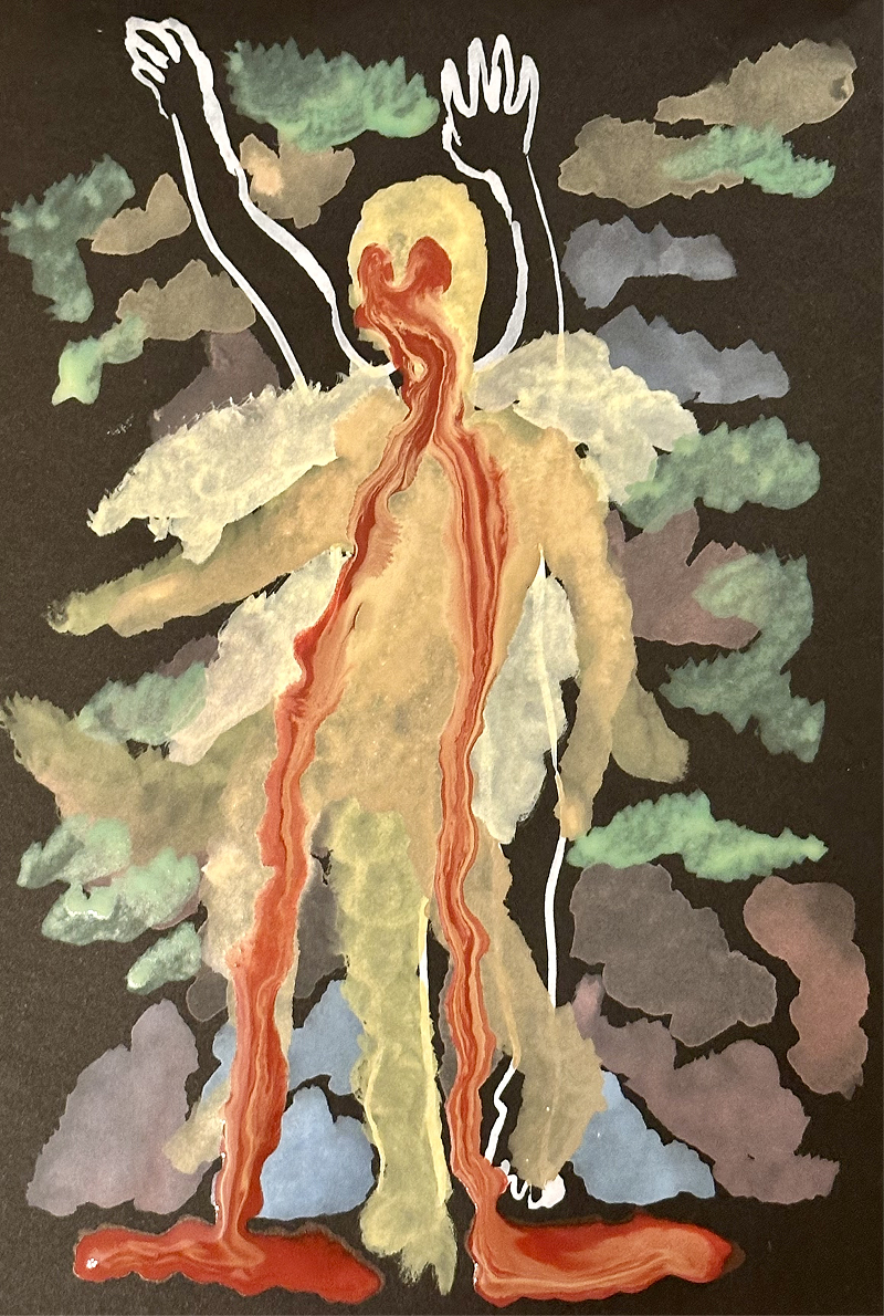 Bleeding Skydiver, watercolor on paper, December 2025