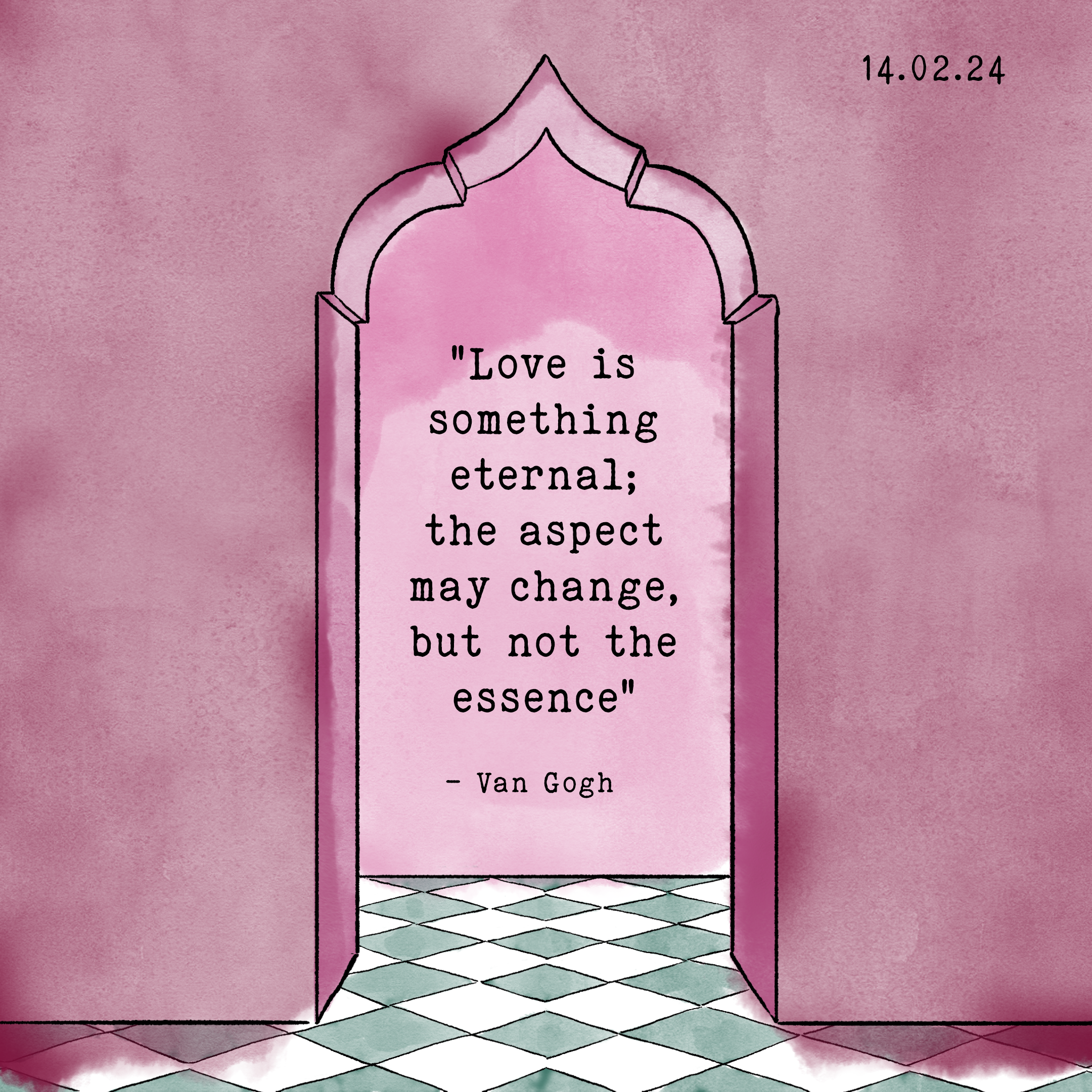Valentine's Day illustration of a pink arch in Marrakesh with love quote