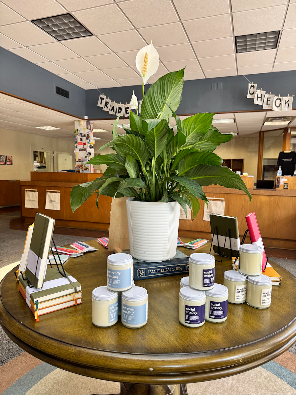 A large potted peace lily plant with white flowers on a wooden table in a reception area. The table also has books, small signs indicating topics like "Currently Reading," and jars labeled "Social Anxiety" and "Cure". The background includes a reception desk with papers and a sign that says "Trade Check."